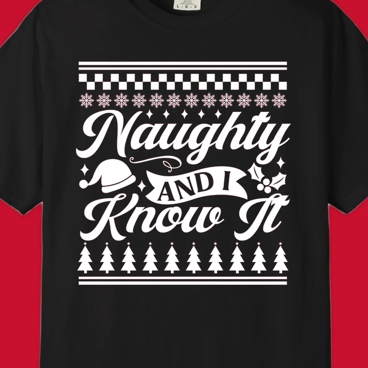 Naughty Christmas saying with Santa hat, snowflakes, and trees.