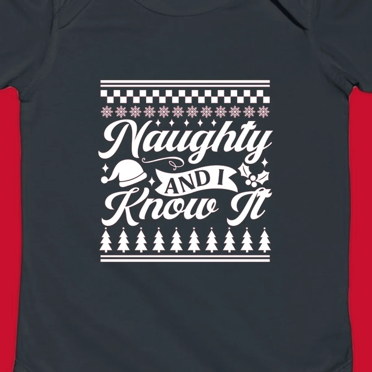 Naughty Christmas saying with Santa hat, snowflakes, and trees.
