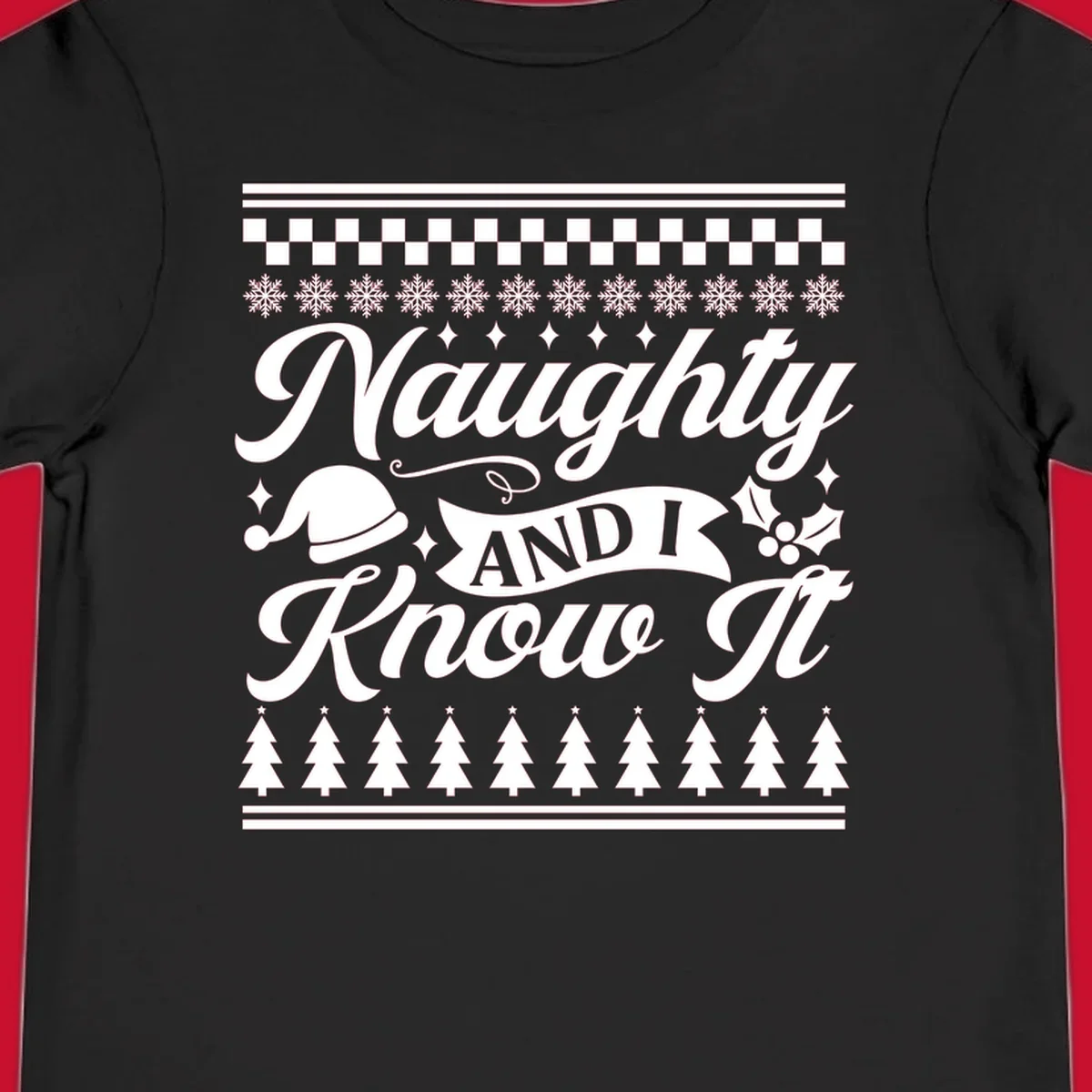 Naughty Christmas saying with Santa hat, snowflakes, and trees.