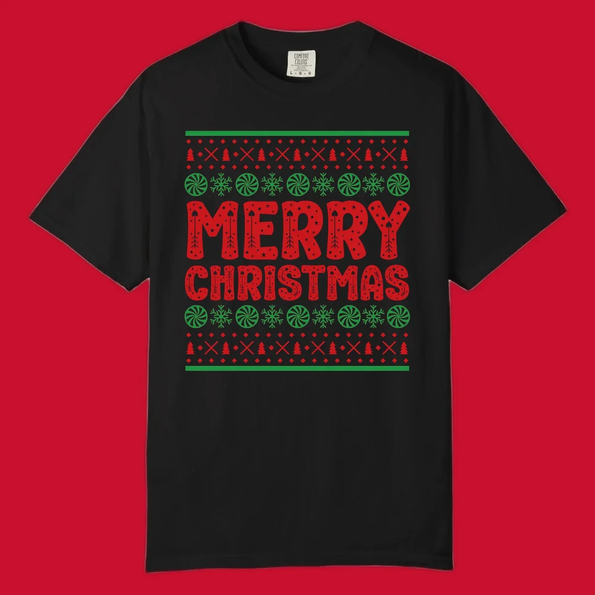 Merry Christmas ugly sweater design with red text and festive holiday patterns.