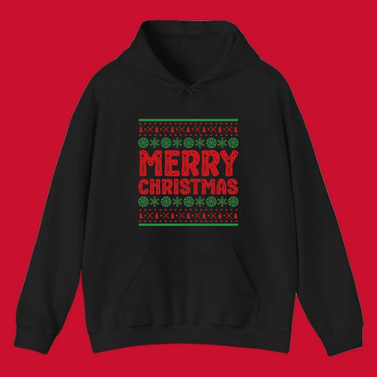 Merry Christmas ugly sweater design with red text and festive holiday patterns.