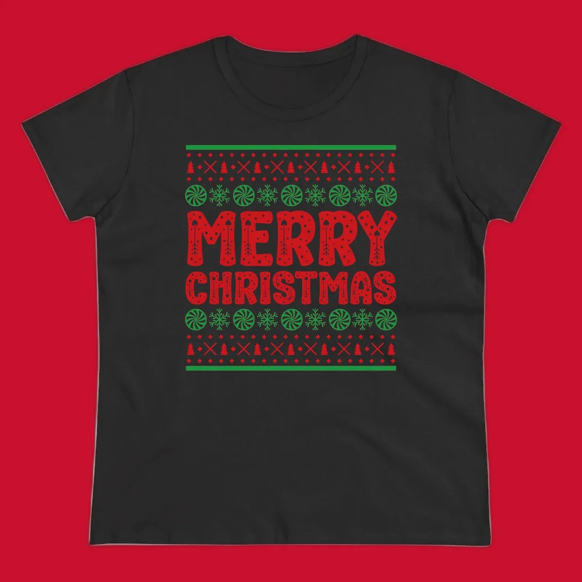 Merry Christmas ugly sweater design with red text and festive holiday patterns.