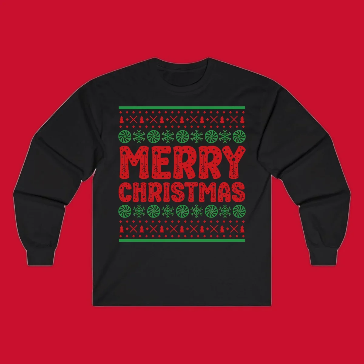 Merry Christmas ugly sweater design with red text and festive holiday patterns.