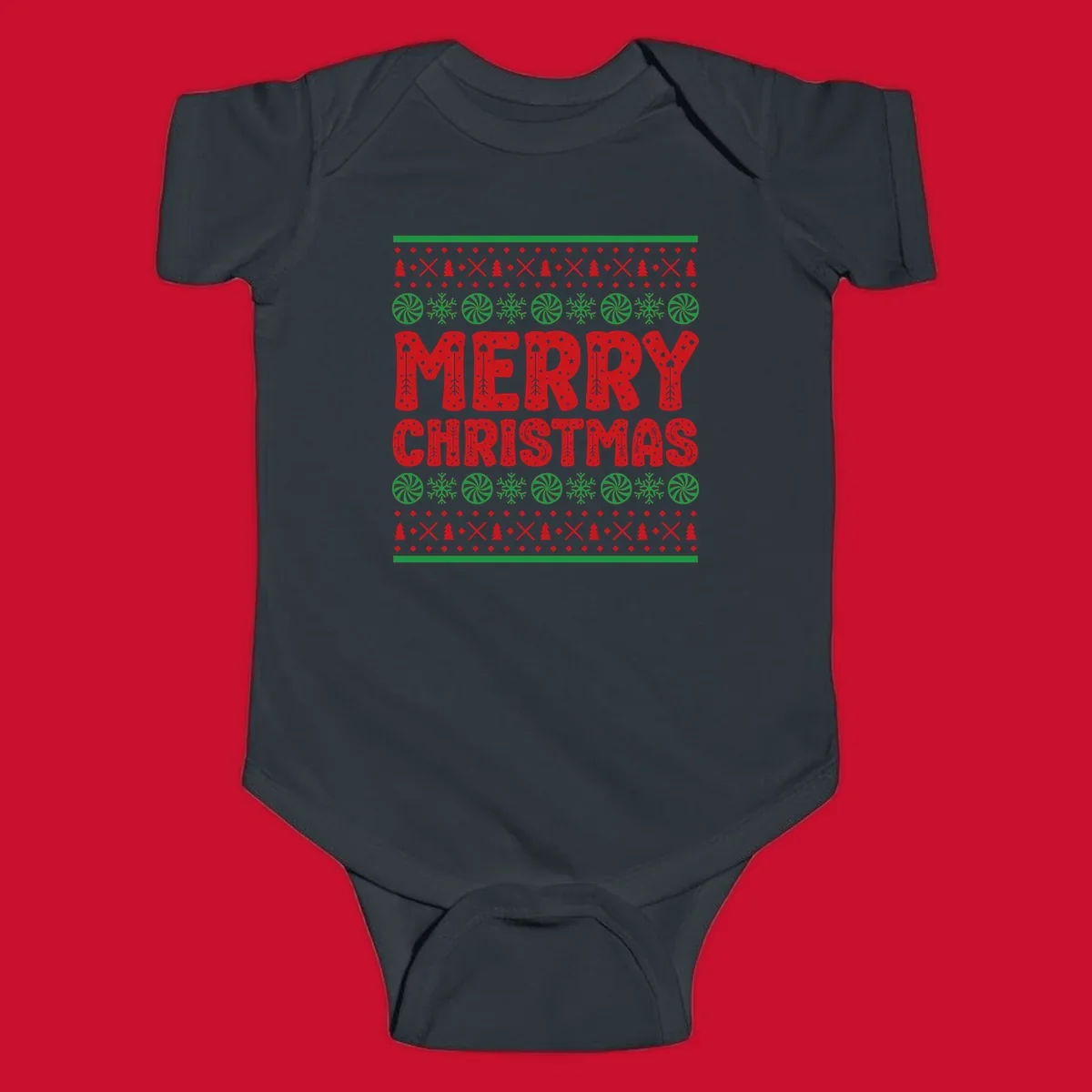 Merry Christmas ugly sweater design with red text and festive holiday patterns.