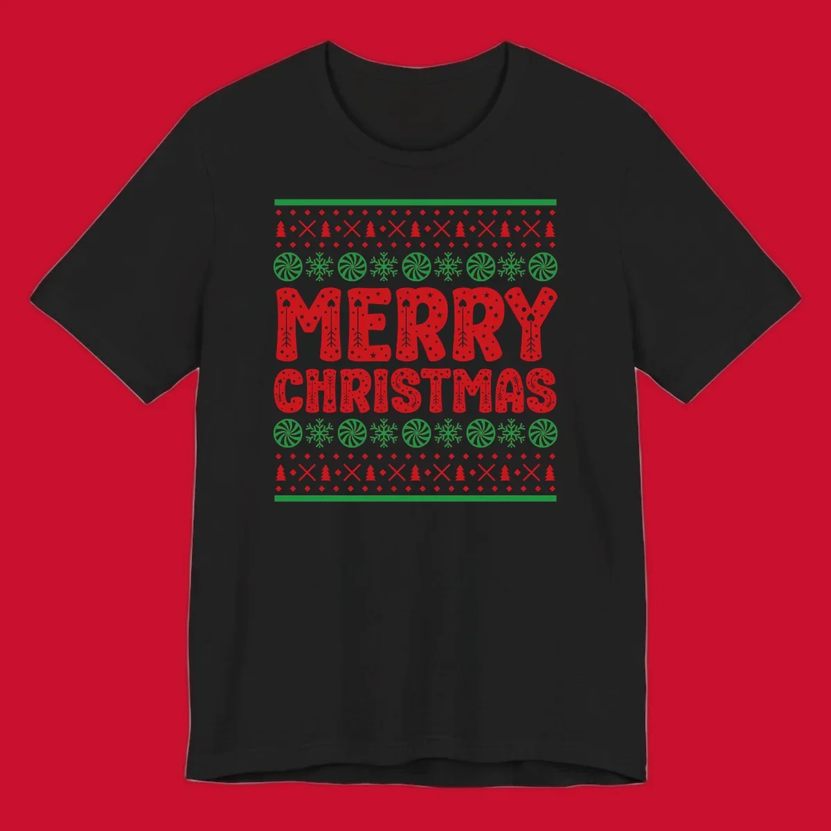 Merry Christmas ugly sweater design with red text and festive holiday patterns.