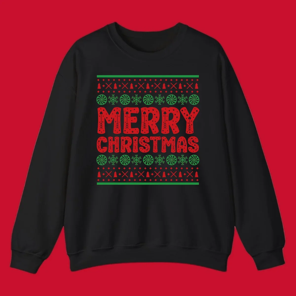 Merry Christmas ugly sweater design with red text and festive holiday patterns.