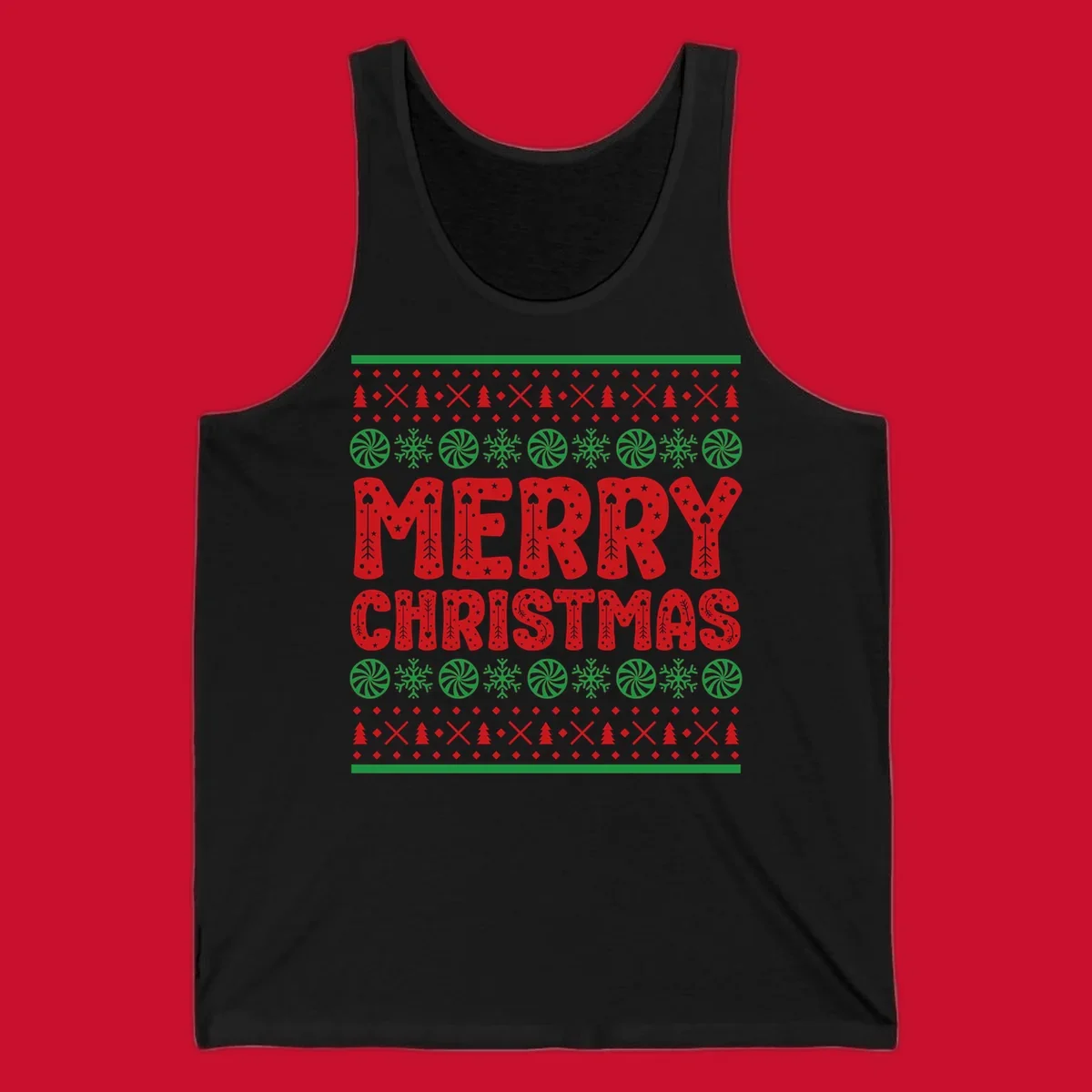 Merry Christmas ugly sweater design with red text and festive holiday patterns.
