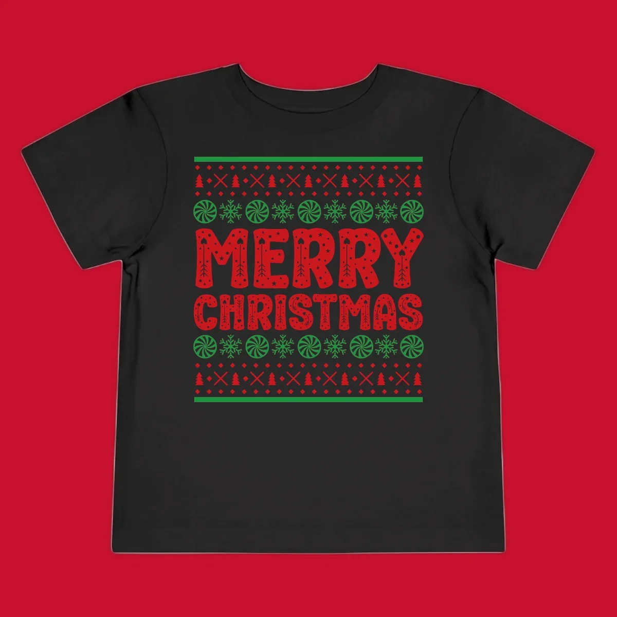 Merry Christmas ugly sweater design with red text and festive holiday patterns.