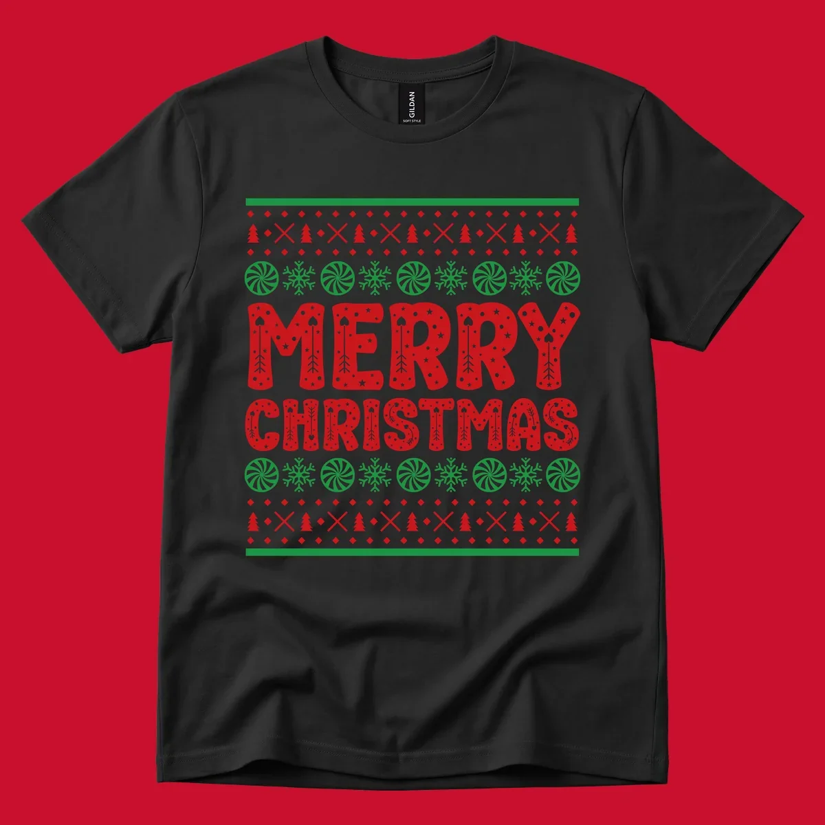 Merry Christmas ugly sweater design with red text and festive holiday patterns.