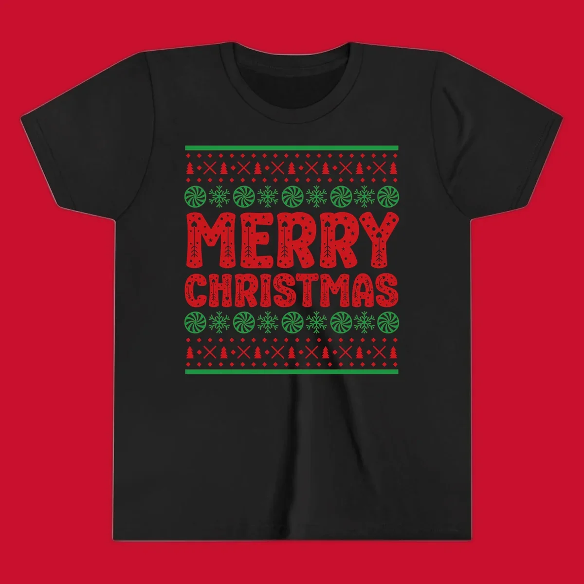 Merry Christmas ugly sweater design with red text and festive holiday patterns.