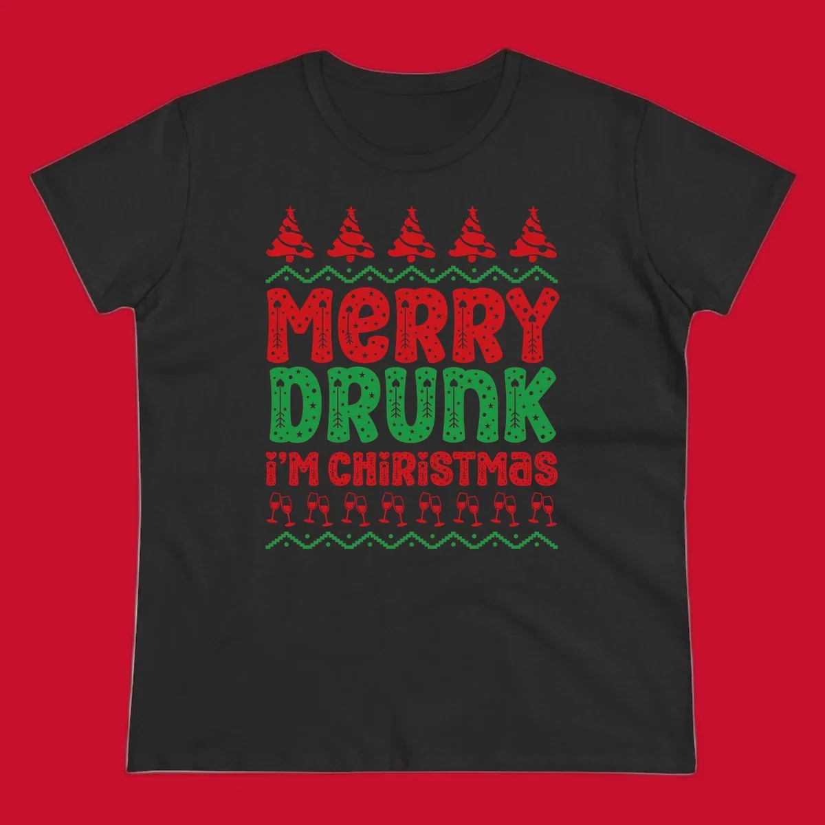 Merry Drunk I'm Christmas design with ugly sweater patterns, trees, and wine glasses.