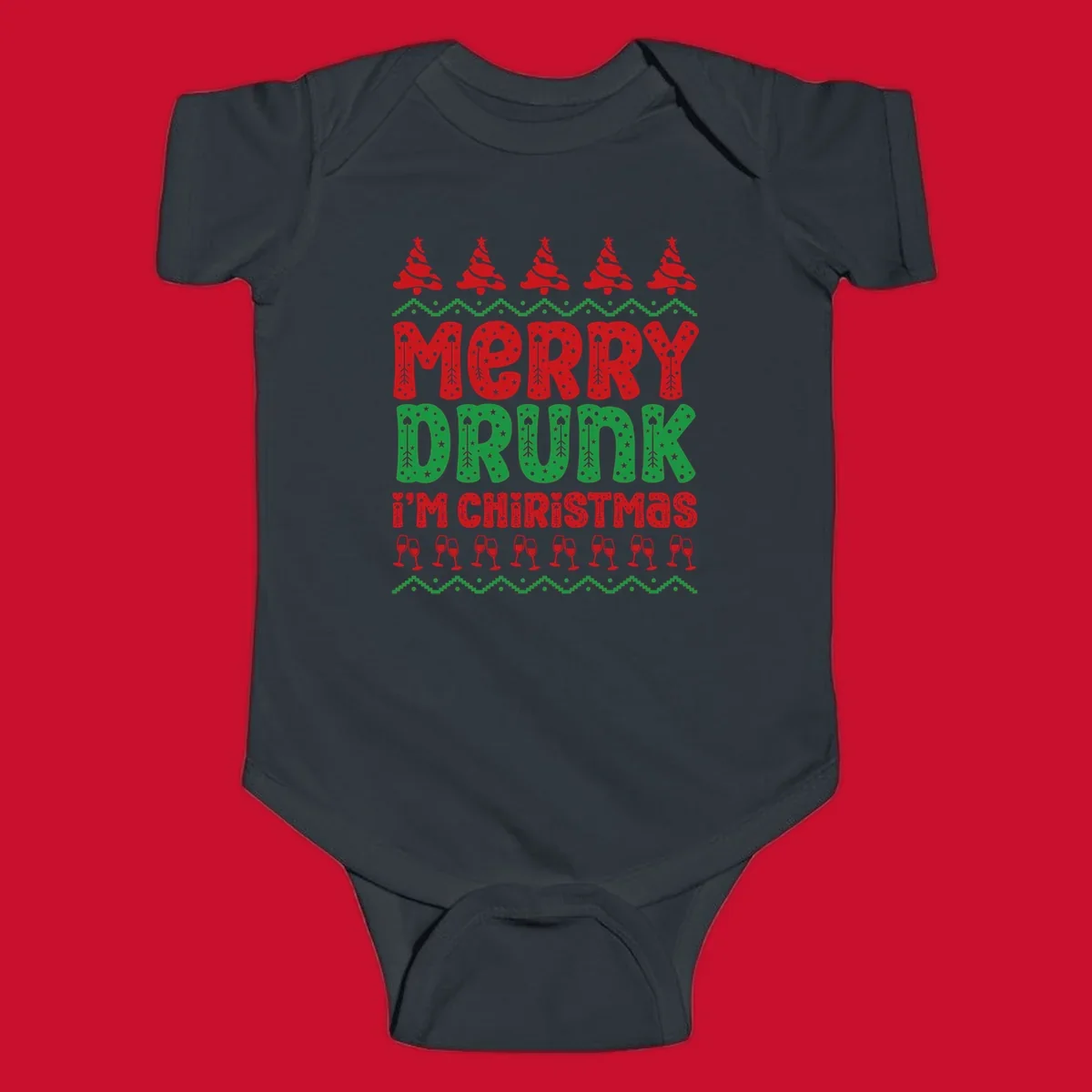 Merry Drunk I'm Christmas design with ugly sweater patterns, trees, and wine glasses.