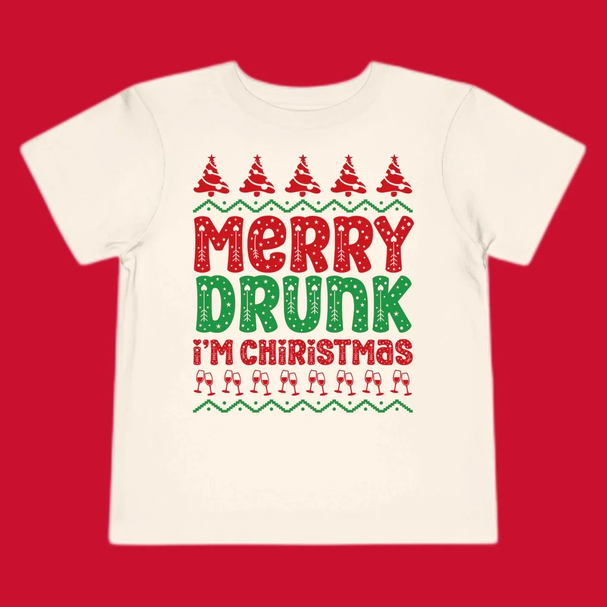 Merry Drunk I'm Christmas design with ugly sweater patterns, trees, and wine glasses.