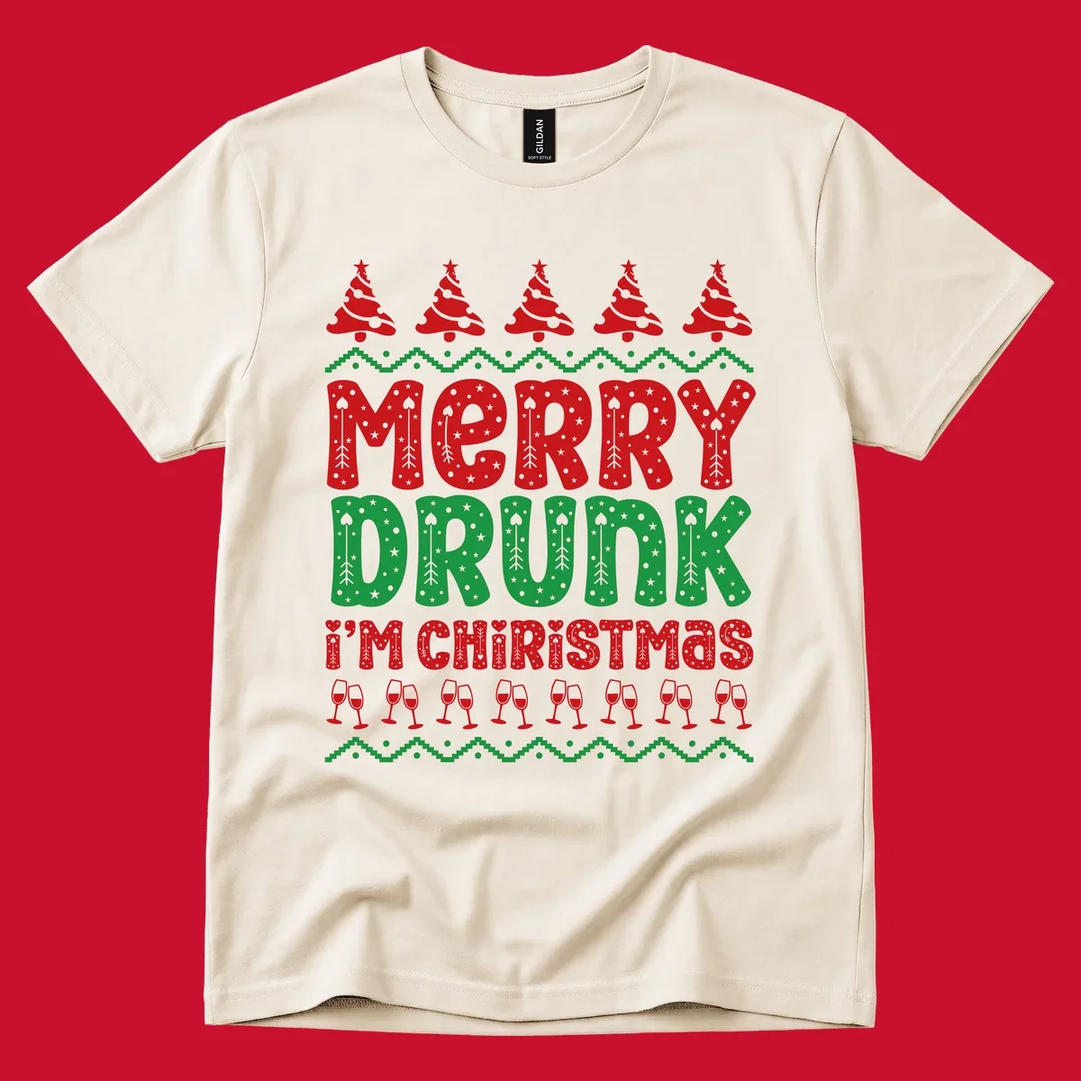 Merry Drunk I'm Christmas design with ugly sweater patterns, trees, and wine glasses.