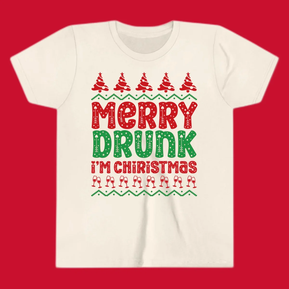 Merry Drunk I'm Christmas design with ugly sweater patterns, trees, and wine glasses.