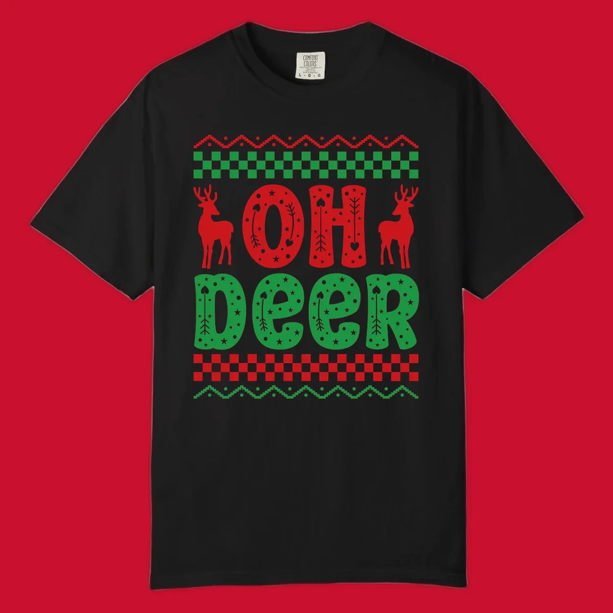 Oh Deer Christmas design with red reindeer and festive text and patterns.