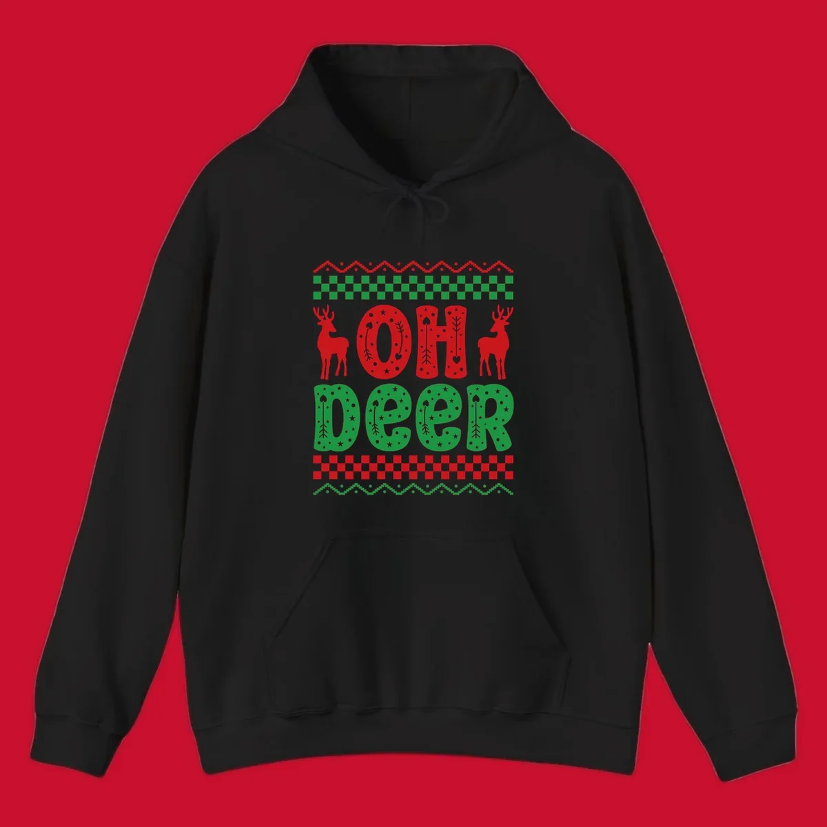 Oh Deer Christmas design with red reindeer and festive text and patterns.