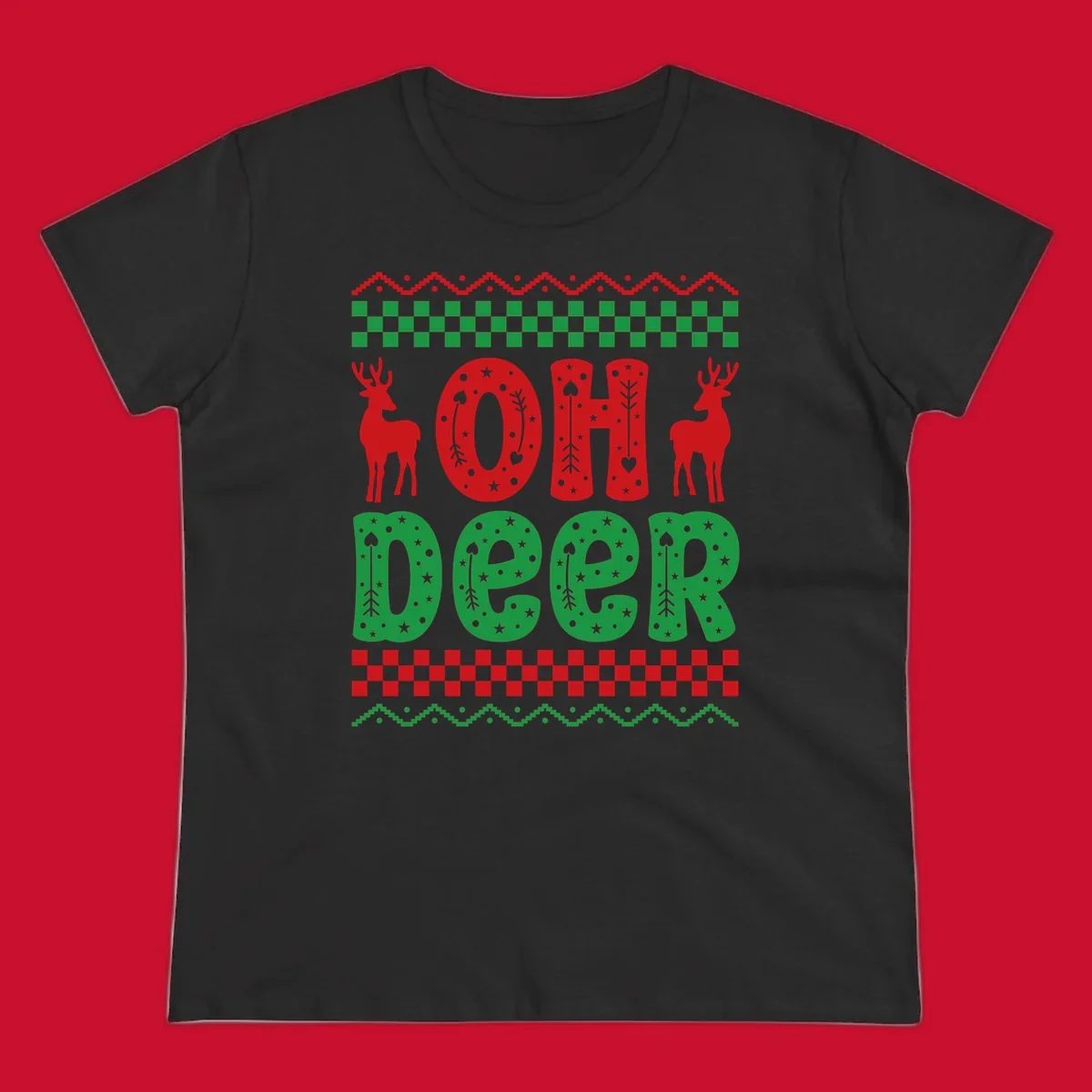 Oh Deer Christmas design with red reindeer and festive text and patterns.