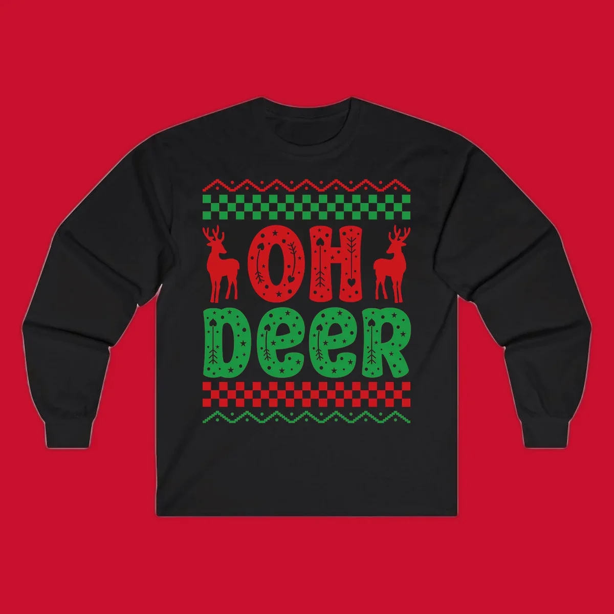 Oh Deer Christmas design with red reindeer and festive text and patterns.