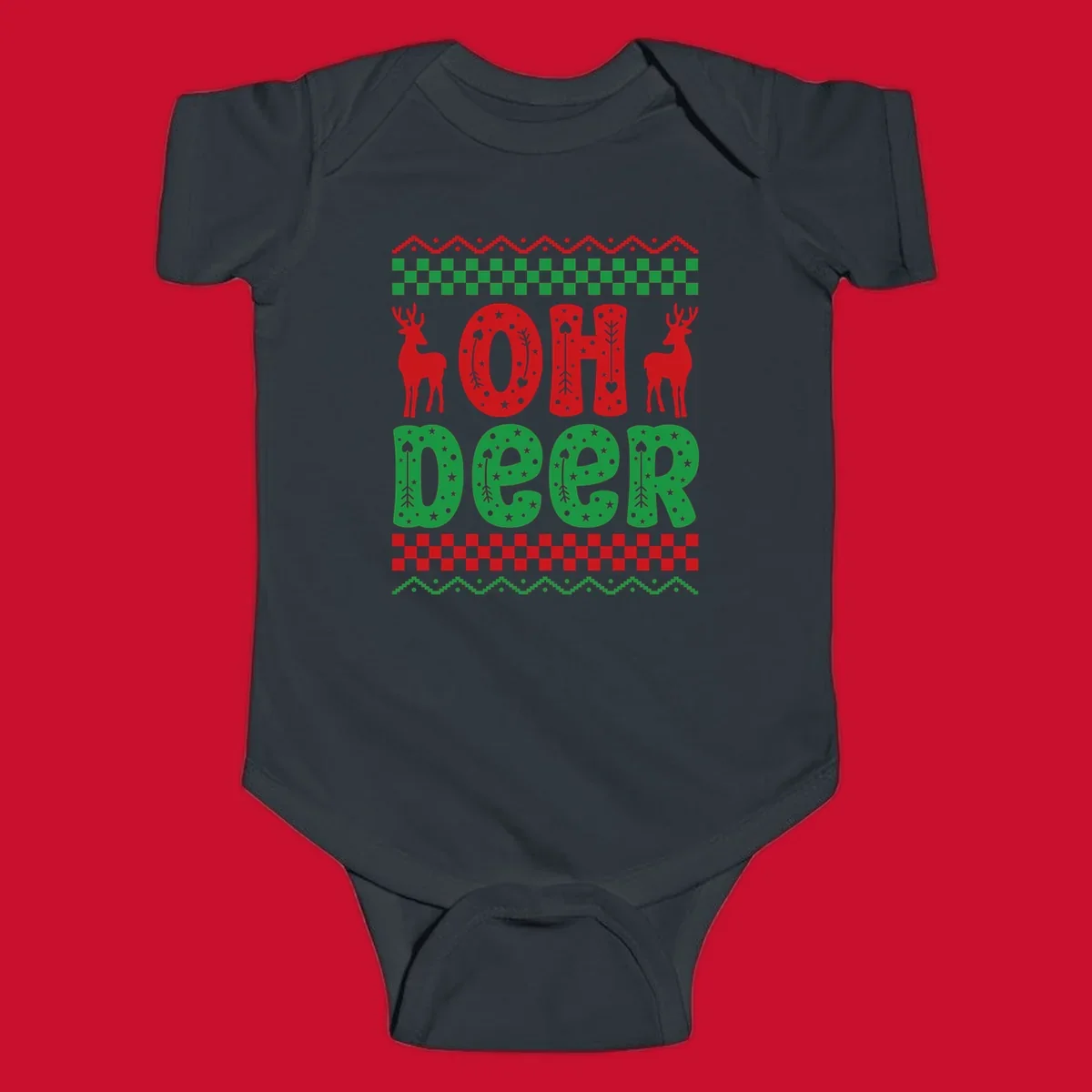 Oh Deer Christmas design with red reindeer and festive text and patterns.