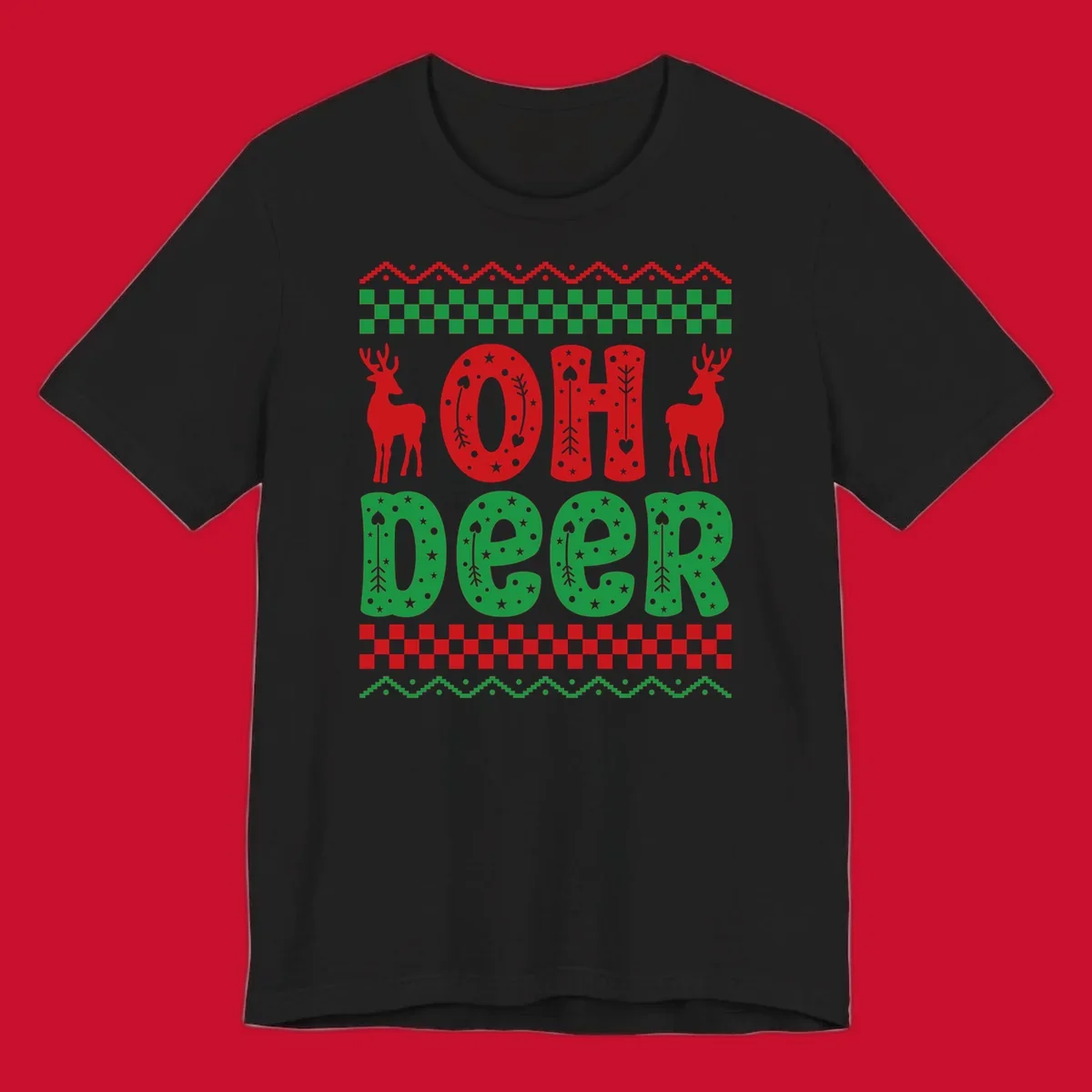 Oh Deer Christmas design with red reindeer and festive text and patterns.