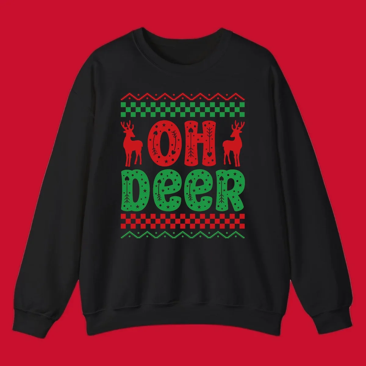 Oh Deer Christmas design with red reindeer and festive text and patterns.