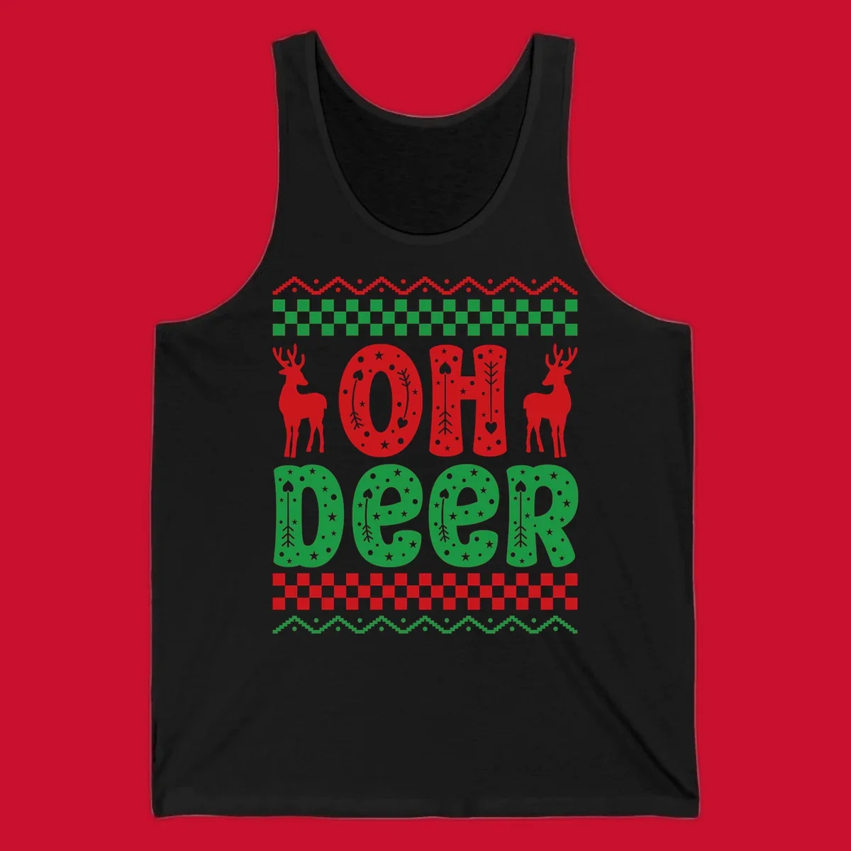 Oh Deer Christmas design with red reindeer and festive text and patterns.