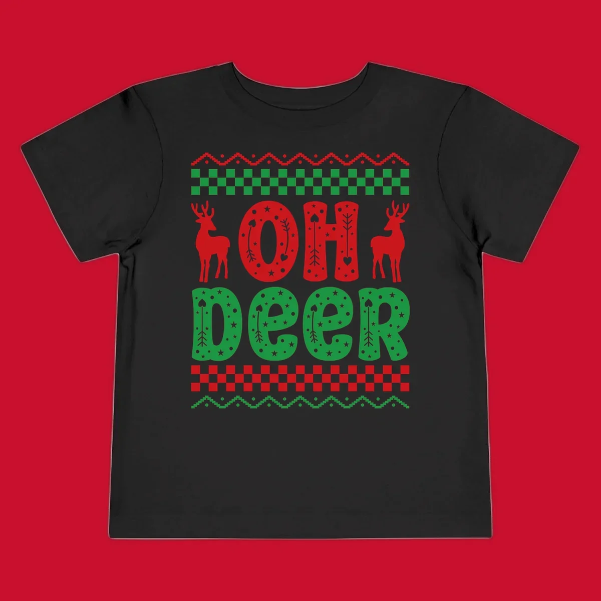 Oh Deer Christmas design with red reindeer and festive text and patterns.