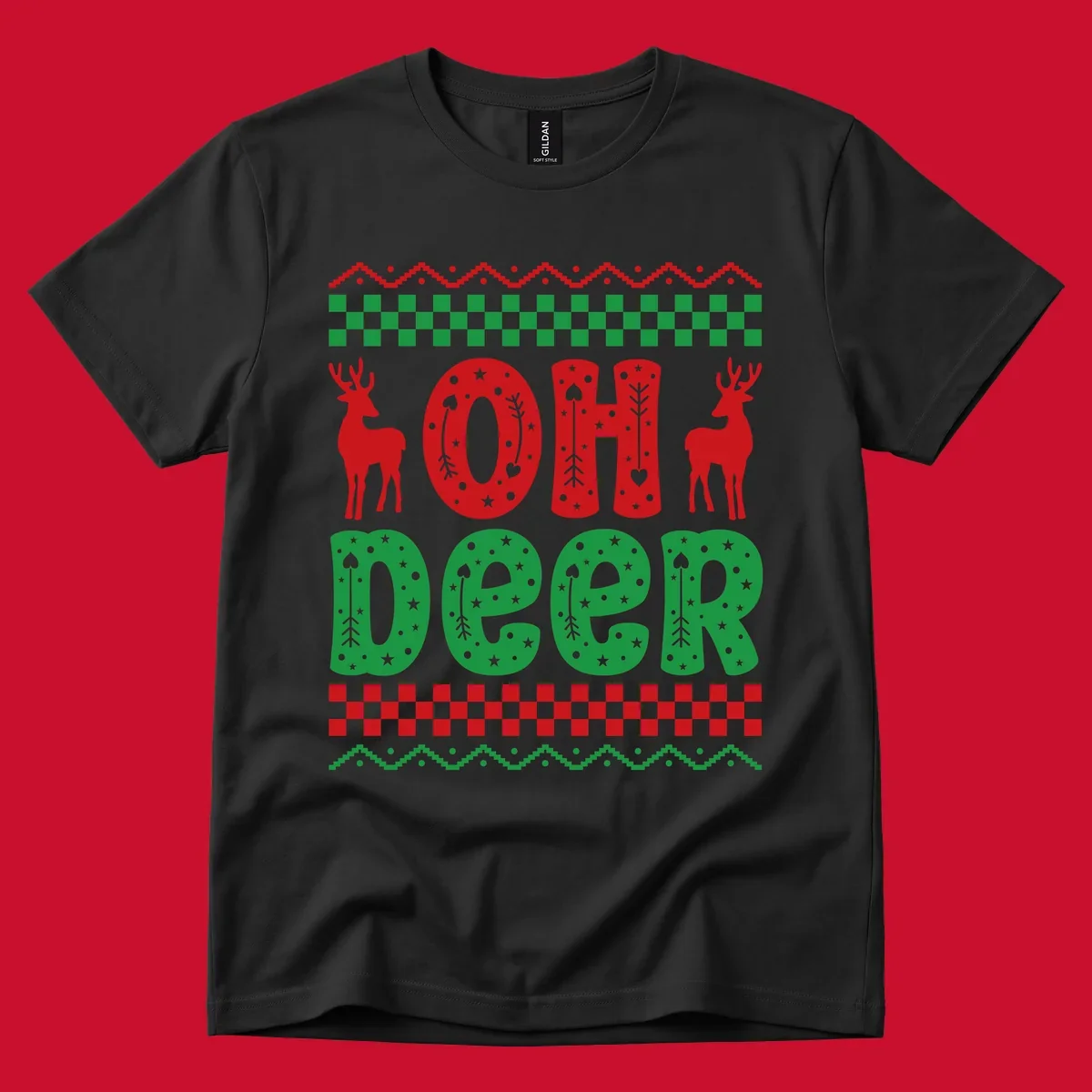 Oh Deer Christmas design with red reindeer and festive text and patterns.