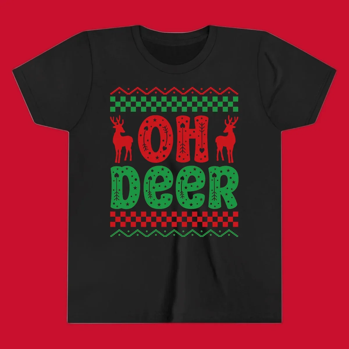 Oh Deer Christmas design with red reindeer and festive text and patterns.