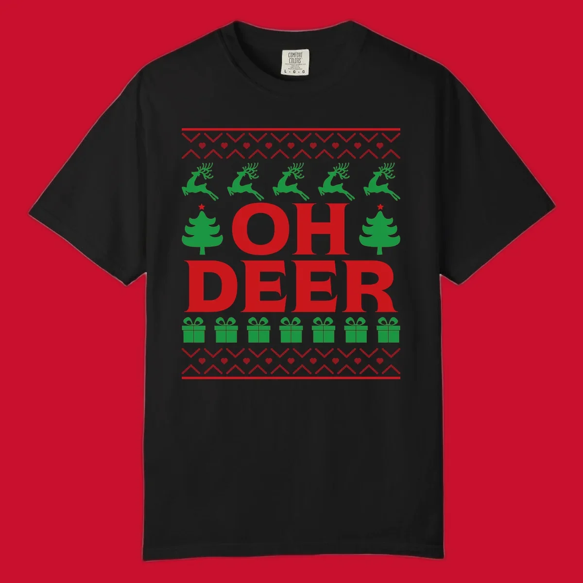 Oh deer christmas sweater design with reindeer, trees, and gifts.
