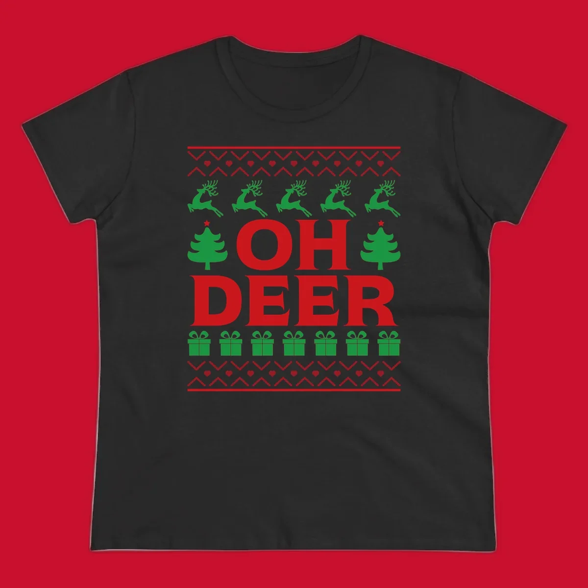 Oh deer christmas sweater design with reindeer, trees, and gifts.