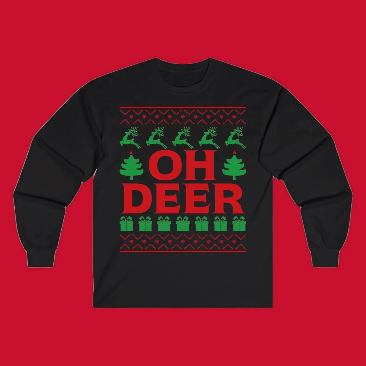 Oh deer christmas sweater design with reindeer, trees, and gifts.