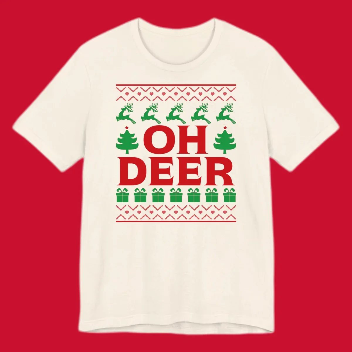 Oh deer christmas sweater design with reindeer, trees, and gifts.