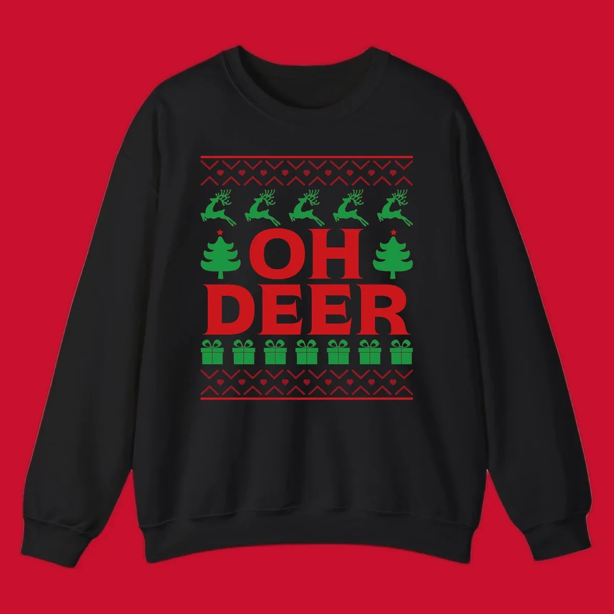 Oh deer christmas sweater design with reindeer, trees, and gifts.