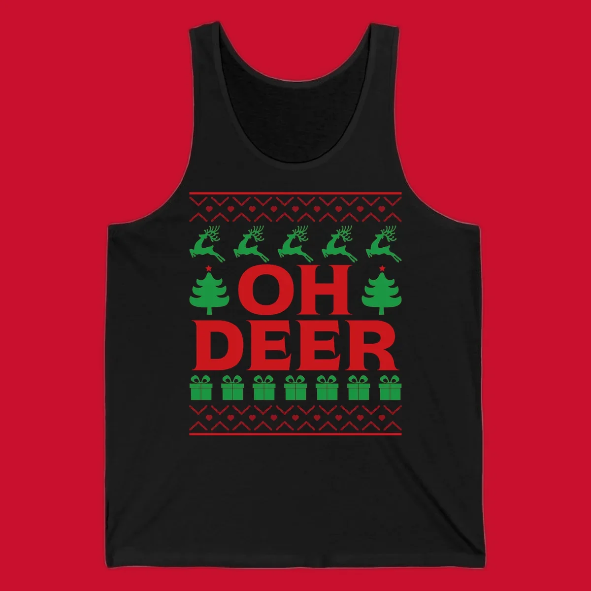 Oh deer christmas sweater design with reindeer, trees, and gifts.