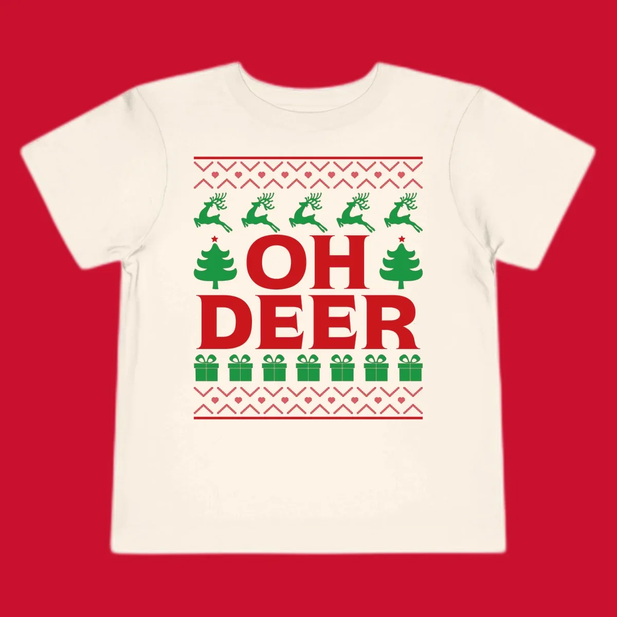 Oh deer christmas sweater design with reindeer, trees, and gifts.