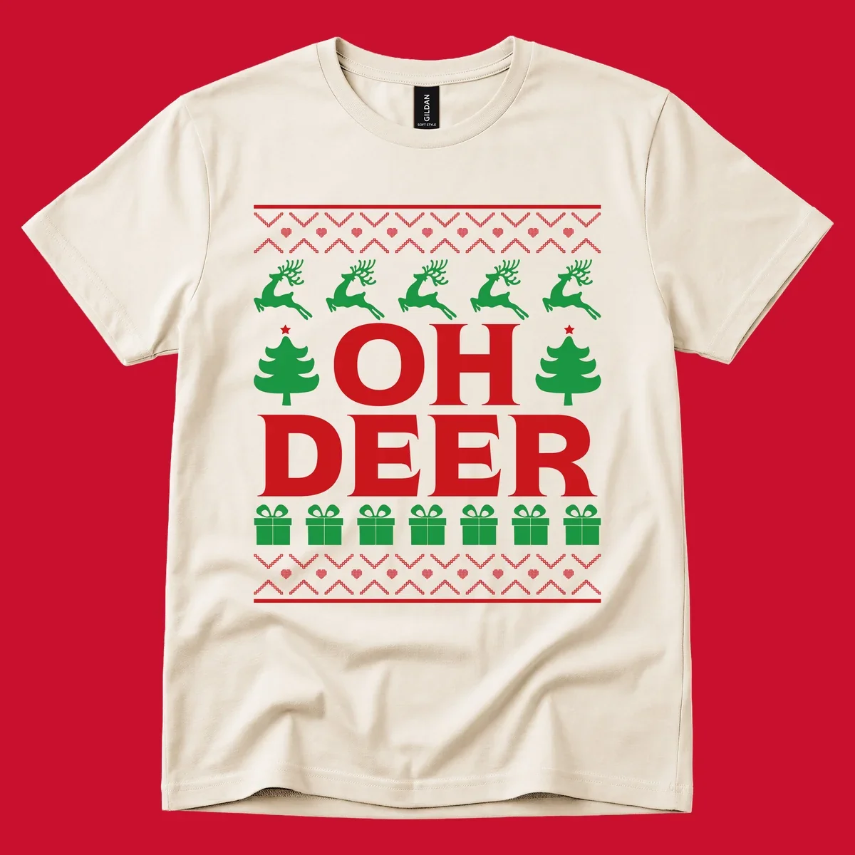 Oh deer christmas sweater design with reindeer, trees, and gifts.