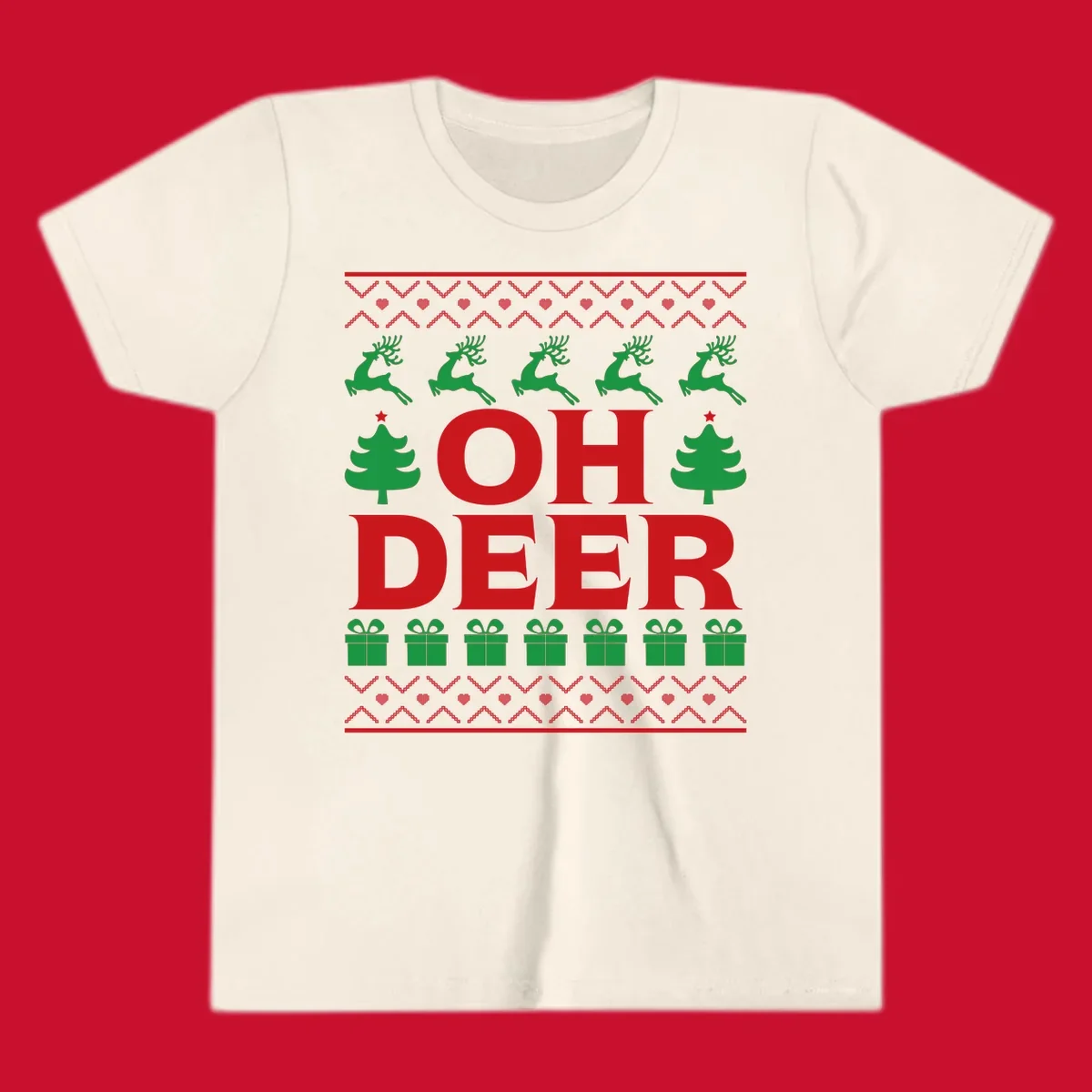 Oh deer christmas sweater design with reindeer, trees, and gifts.