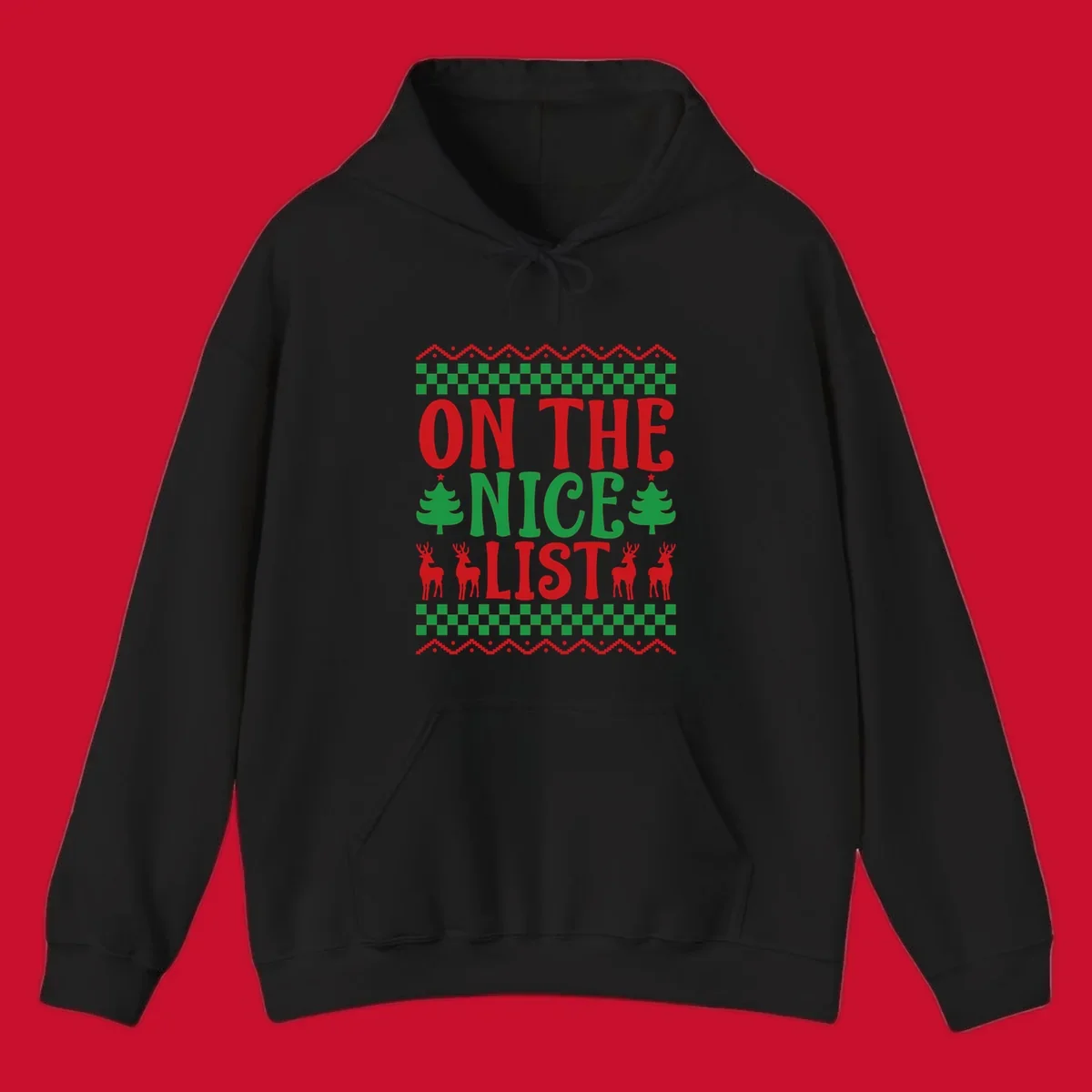 On the nice list Christmas design with text, trees, and reindeer.