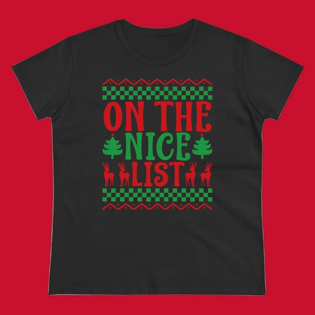 On the nice list Christmas design with text, trees, and reindeer.