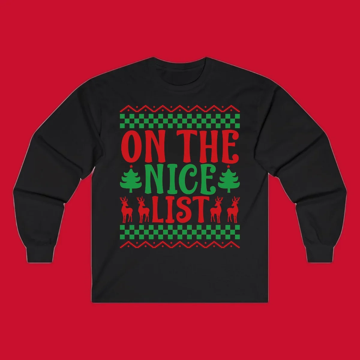 On the nice list Christmas design with text, trees, and reindeer.