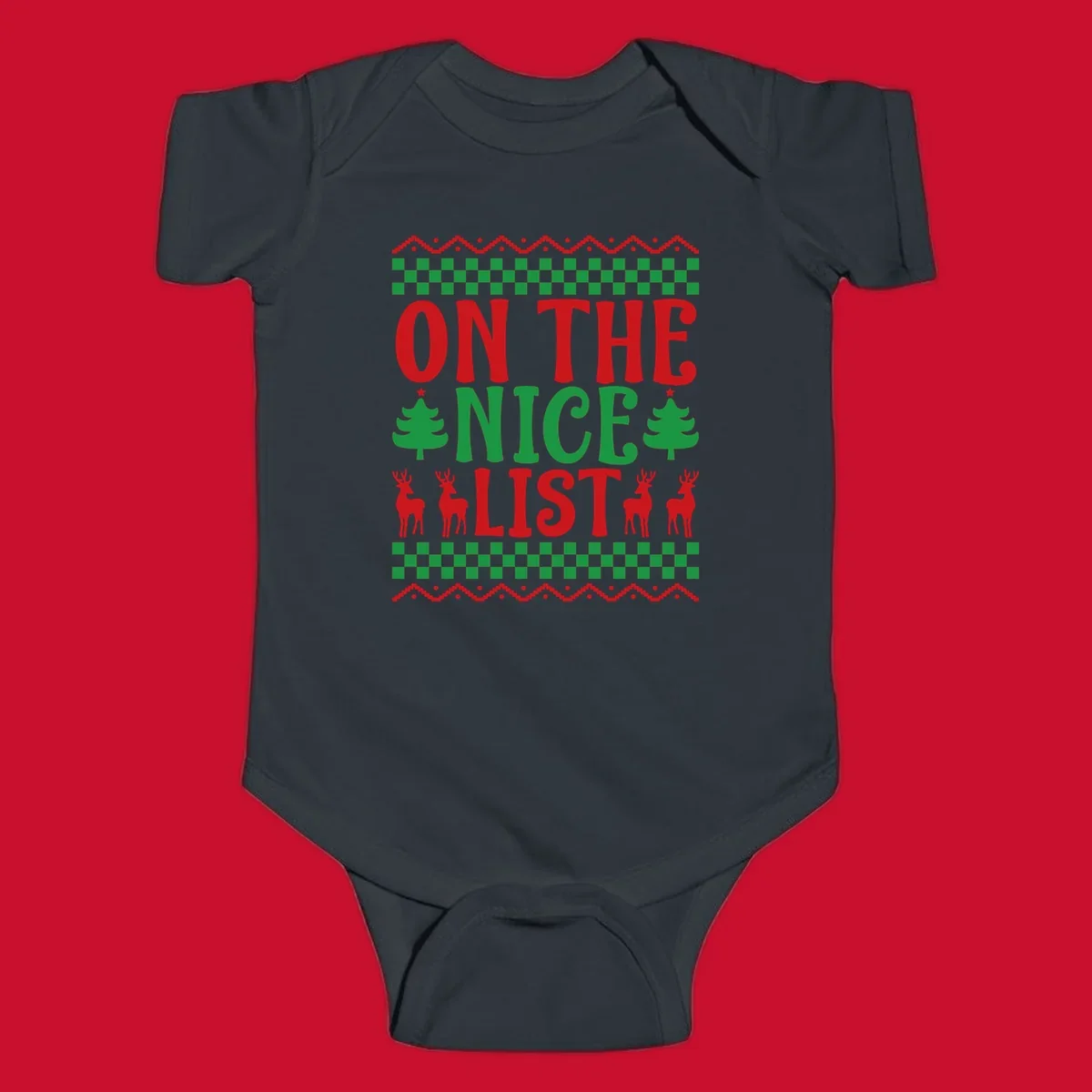On the nice list Christmas design with text, trees, and reindeer.