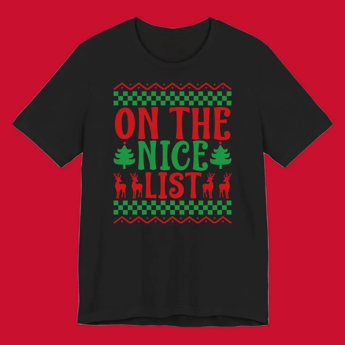 On the nice list Christmas design with text, trees, and reindeer.