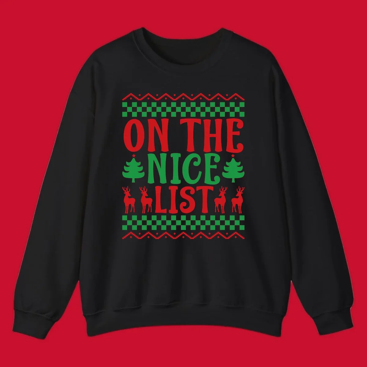 On the nice list Christmas design with text, trees, and reindeer.