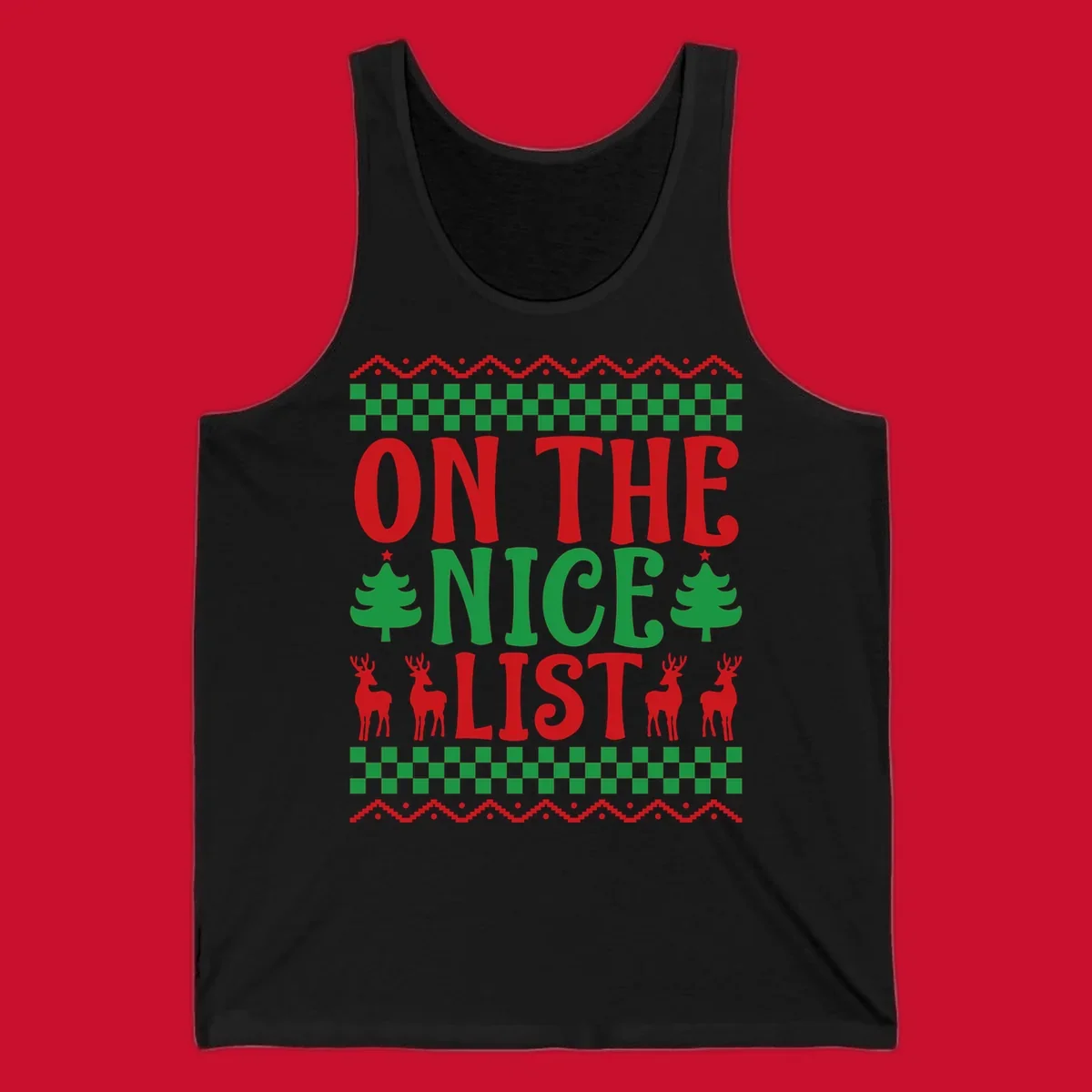 On the nice list Christmas design with text, trees, and reindeer.
