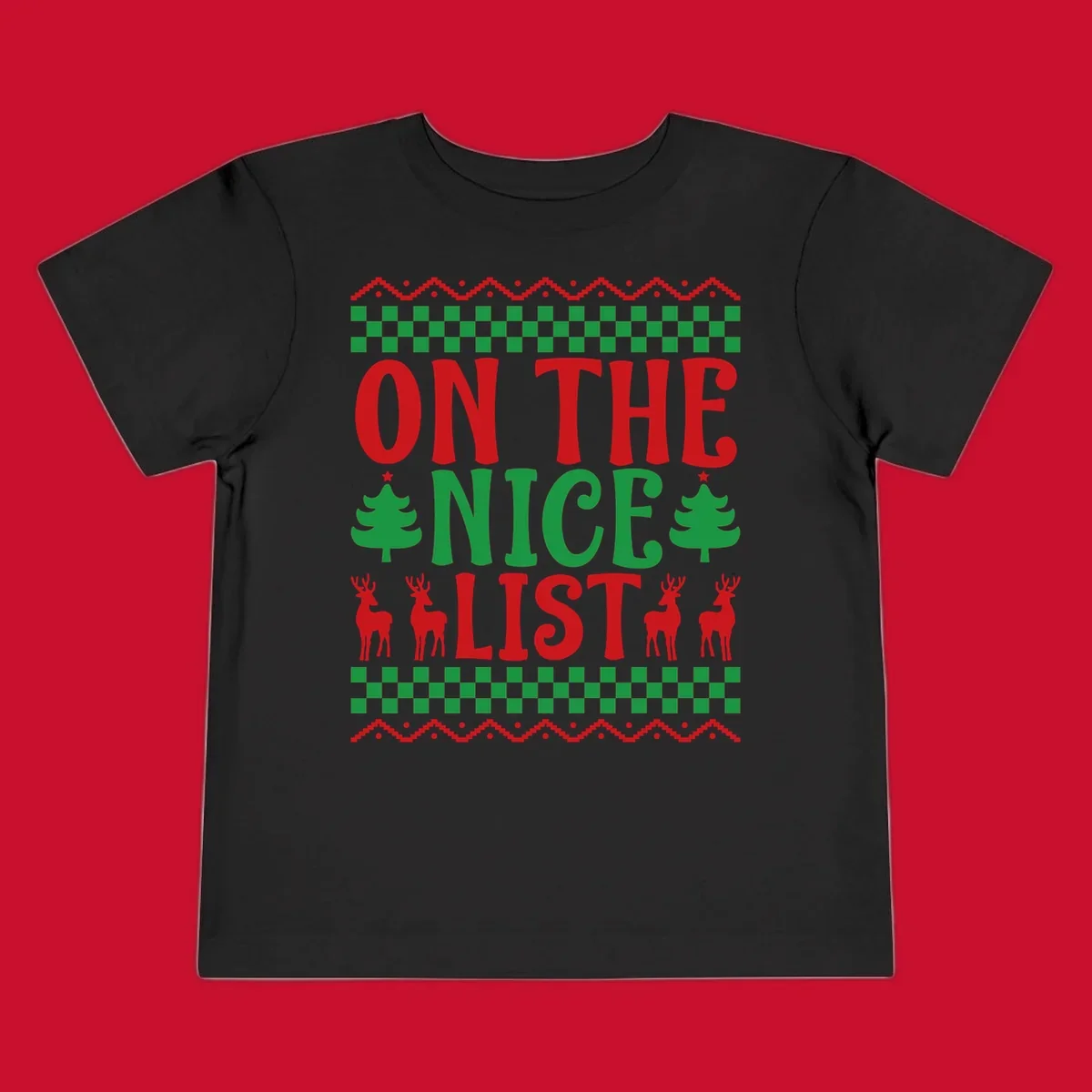 On the nice list Christmas design with text, trees, and reindeer.