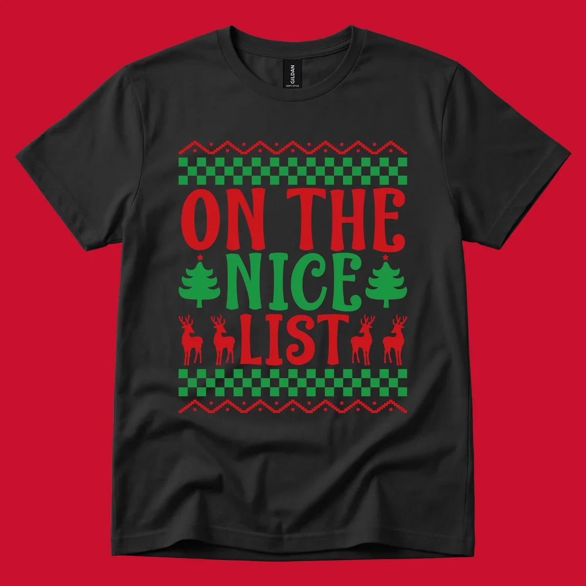 On the nice list Christmas design with text, trees, and reindeer.