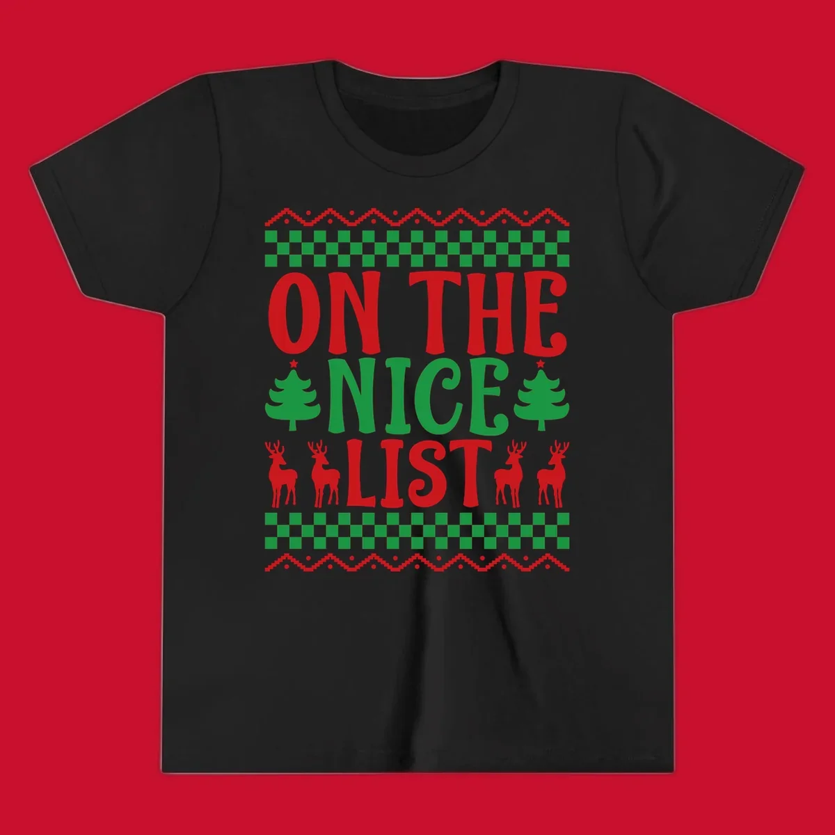On the nice list Christmas design with text, trees, and reindeer.