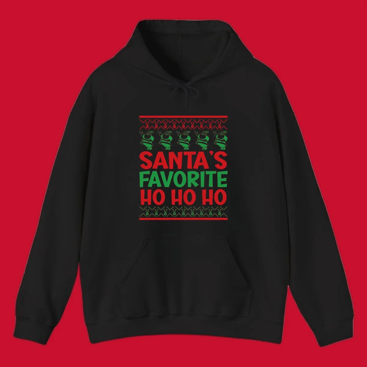 Santa's Favorite Ho Ho Ho text with Santa and reindeer graphics, ugly Christmas sweater style.